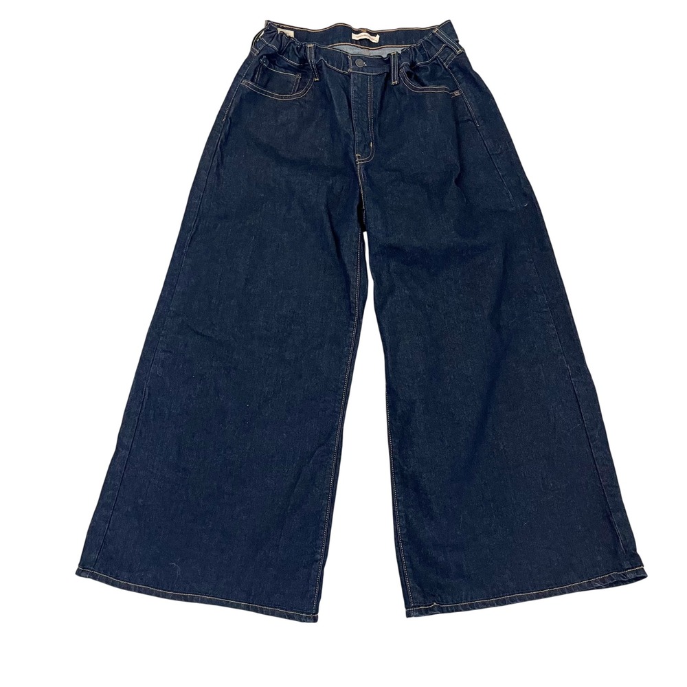 Levis Premium 728 High Rise Wide Leg Jeans Dark Wash Elastic Waist - Size 34